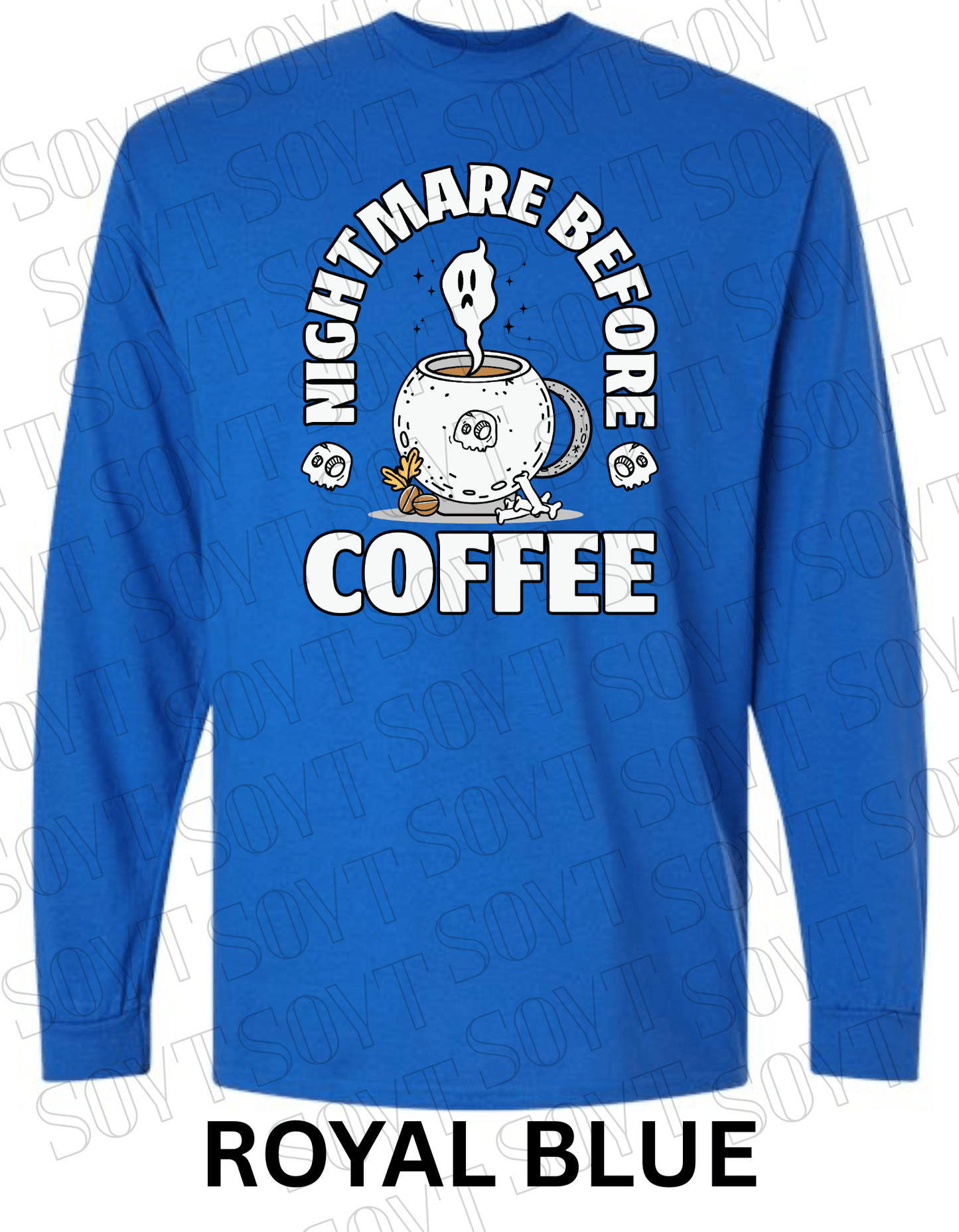 Nightmare Before Coffee Long Sleeve – Ghost Cauldron Mug Halloween Shirt with Skulls and Bones - Festive Apparel StoreRoyal Blue