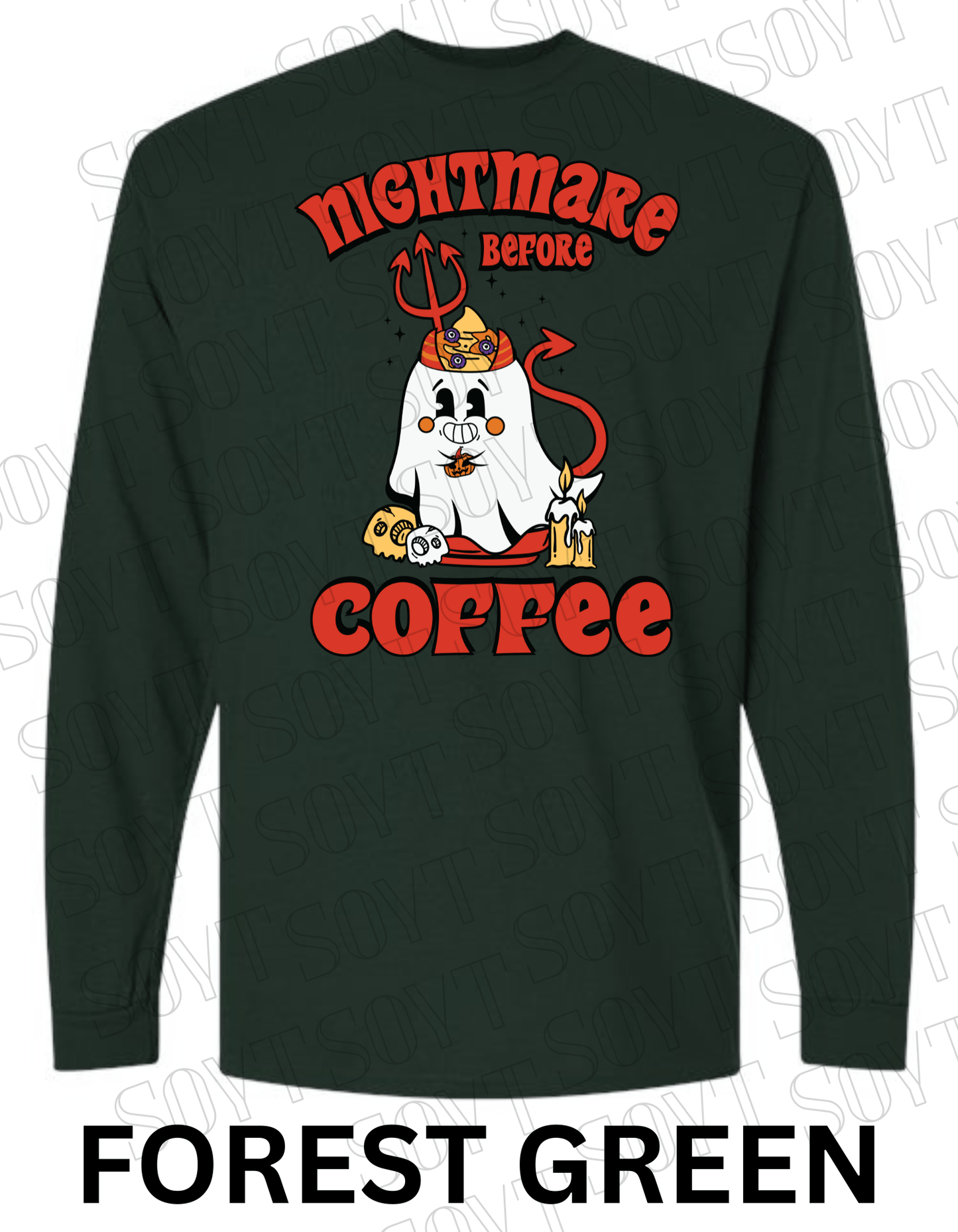 Nightmare Before Coffee Long Sleeve – Halloween Devil Ghost with Skulls, Candles & Bold Coffee Graphic Shirt - Festive Apparel StoreForest Green