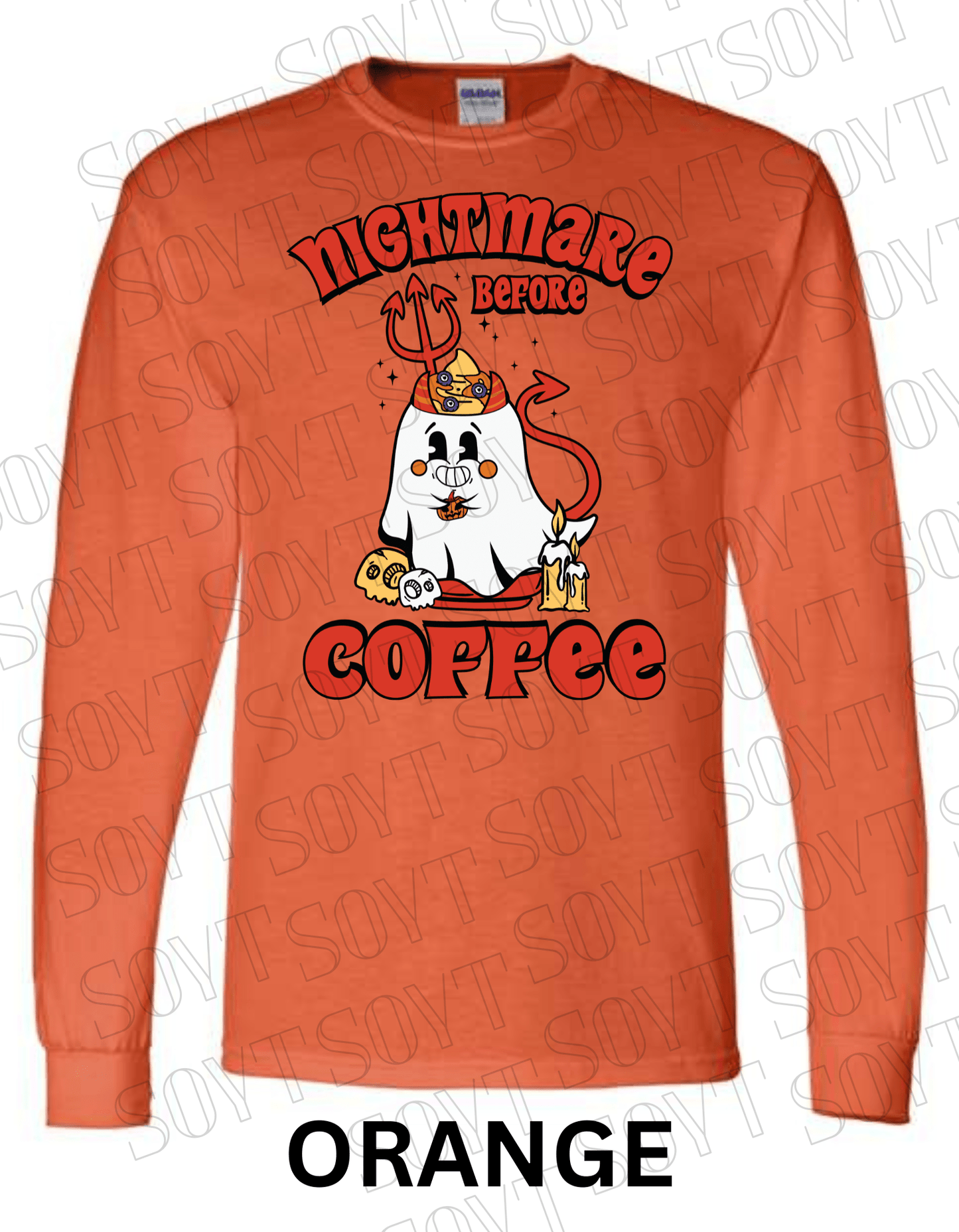 Nightmare Before Coffee Long Sleeve – Halloween Devil Ghost with Skulls, Candles & Bold Coffee Graphic Shirt - Festive Apparel StoreOrange