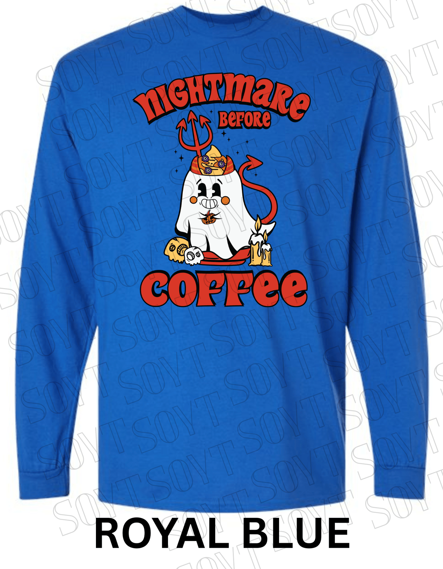 Nightmare Before Coffee Long Sleeve – Halloween Devil Ghost with Skulls, Candles & Bold Coffee Graphic Shirt - Festive Apparel StoreRoyal Blue