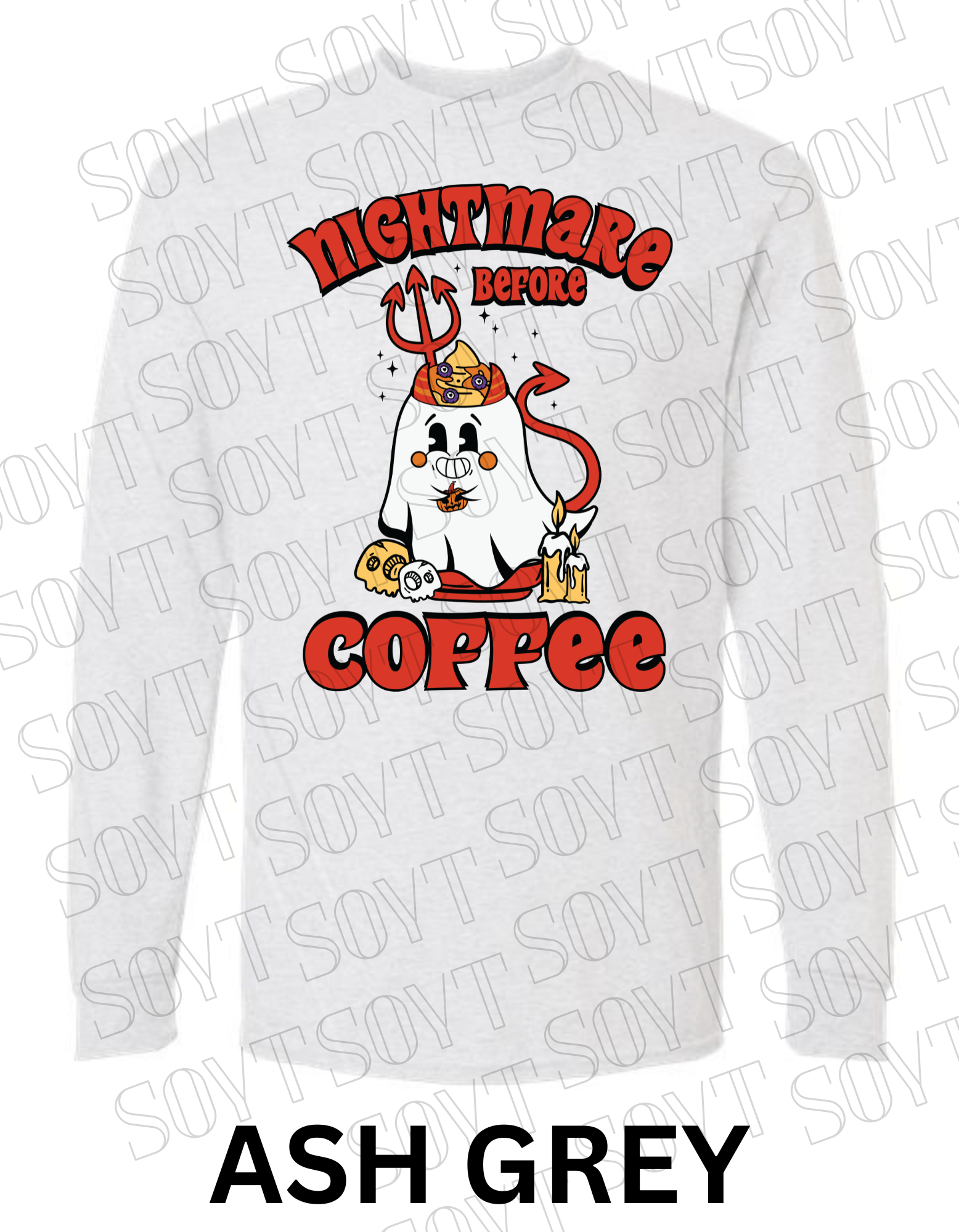 Nightmare Before Coffee Long Sleeve – Halloween Devil Ghost with Skulls, Candles & Bold Coffee Graphic Shirt - Festive Apparel StoreAsh Gray