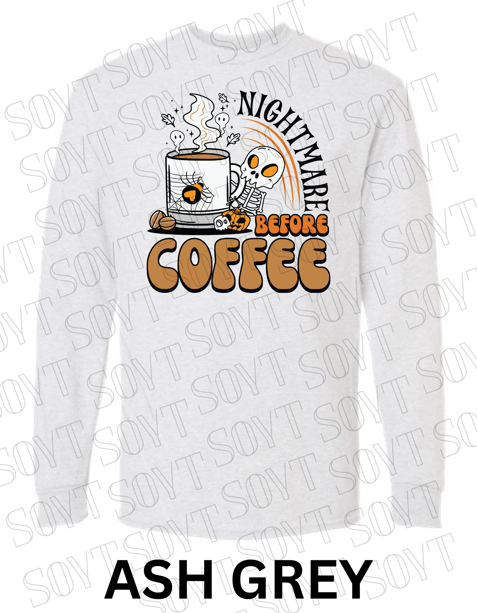 Nightmare Before Coffee Long Sleeve – Skeleton Hugging Mug Halloween Caffeine Shirt with Ghost Steam - Festive Apparel StoreAsh Gray