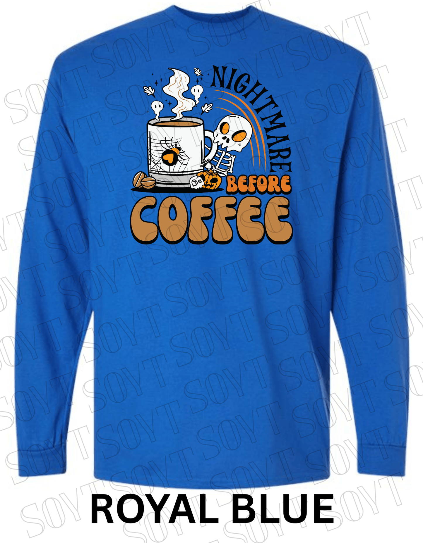 Nightmare Before Coffee Long Sleeve – Skeleton Hugging Mug Halloween Caffeine Shirt with Ghost Steam - Festive Apparel StoreRoyal Blue