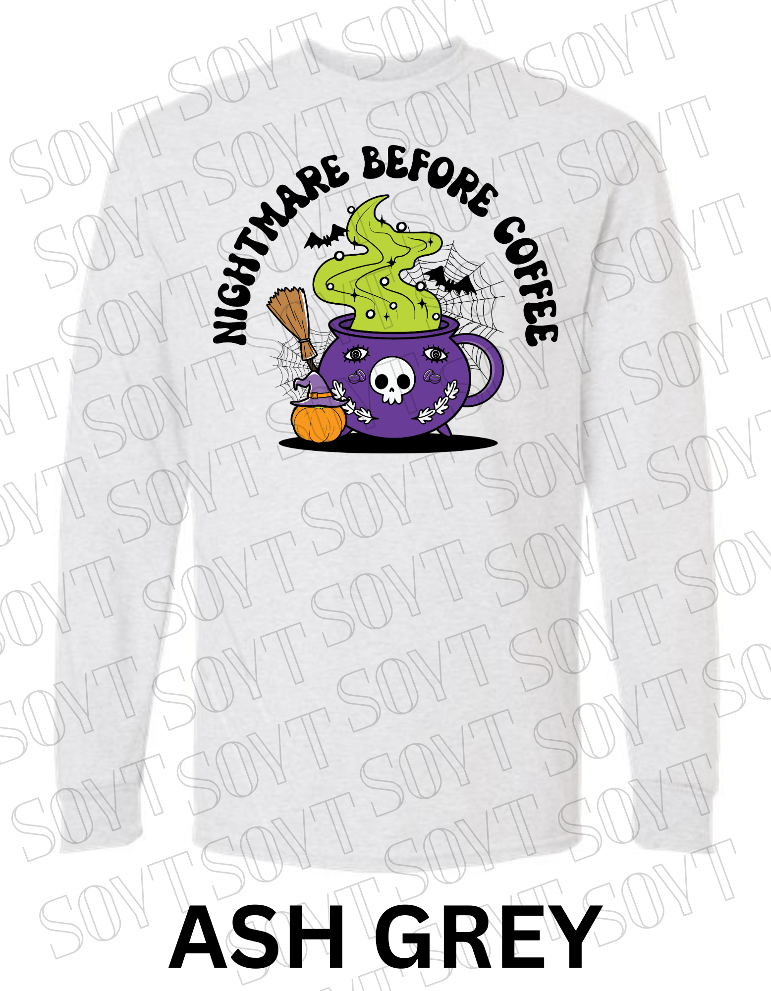 Nightmare Before Coffee Long Sleeve – Witchy Cauldron Mug with Green Steam, Skull, and Halloween Bats Shirt - Festive Apparel StoreAsh Gray