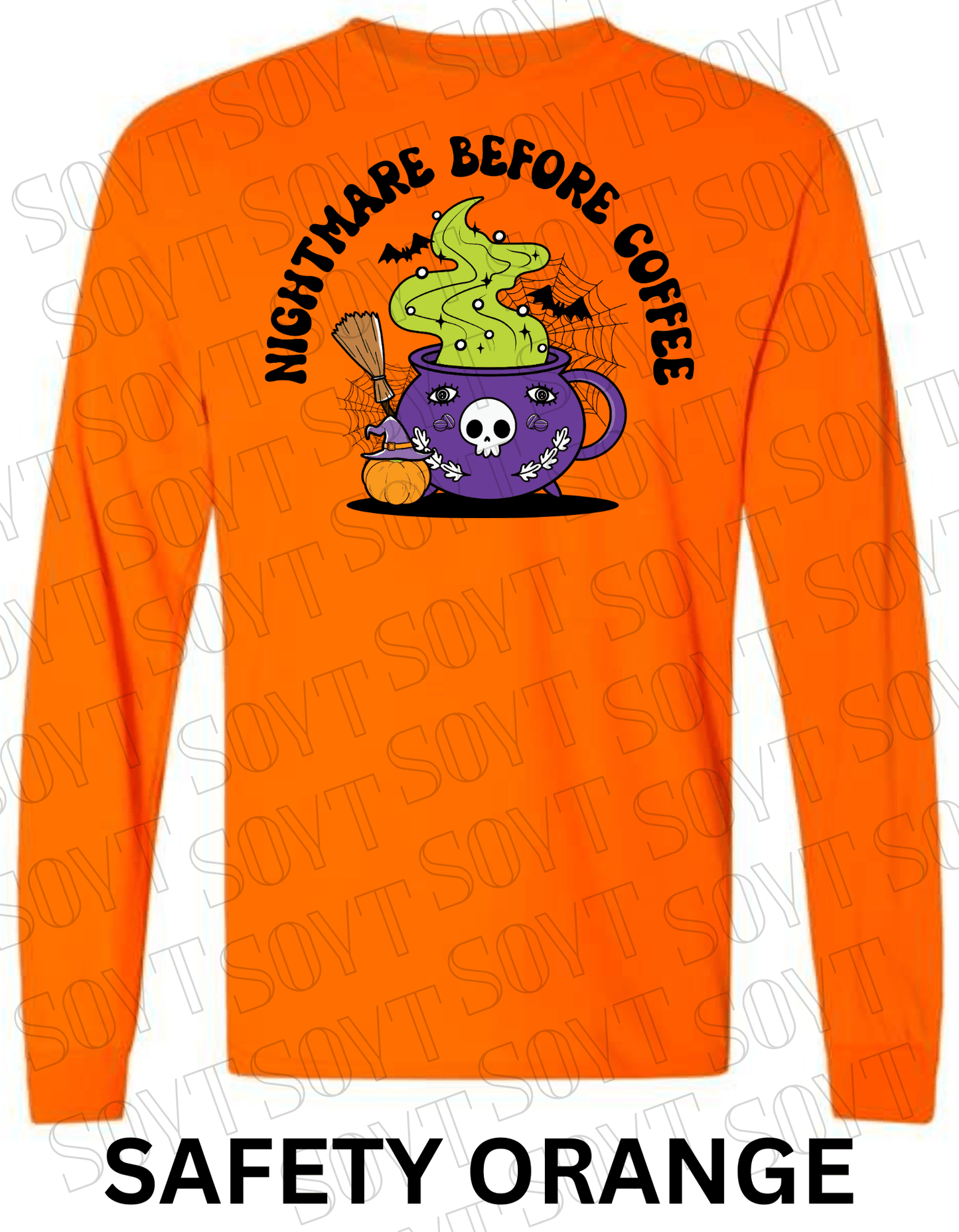 Nightmare Before Coffee Long Sleeve – Witchy Cauldron Mug with Green Steam, Skull, and Halloween Bats Shirt - Festive Apparel StoreSafety Orange