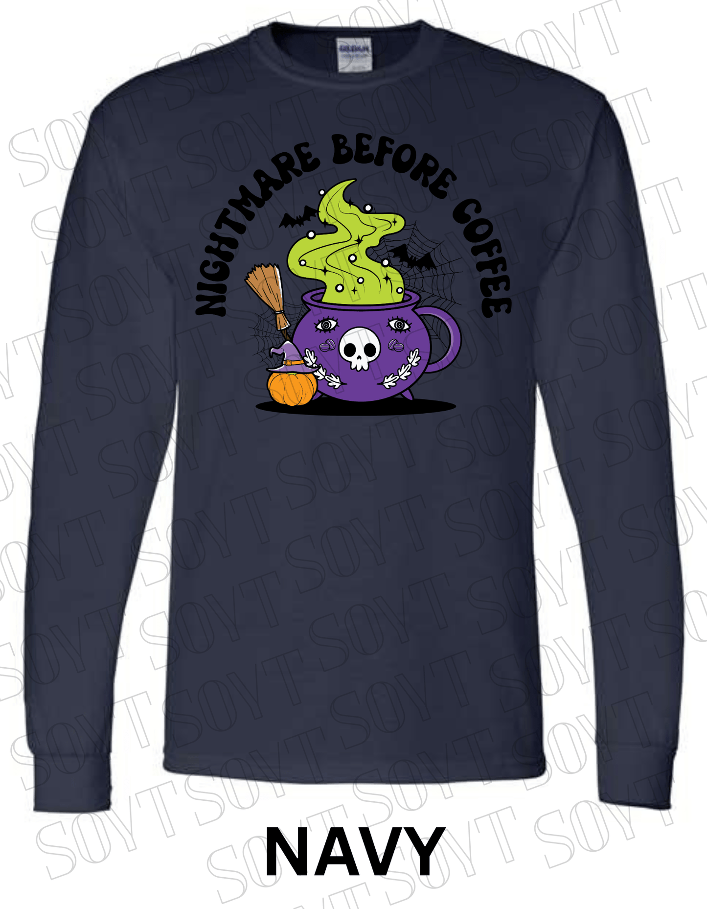 Nightmare Before Coffee Long Sleeve – Witchy Cauldron Mug with Green Steam, Skull, and Halloween Bats Shirt - Festive Apparel StoreNavy Blue