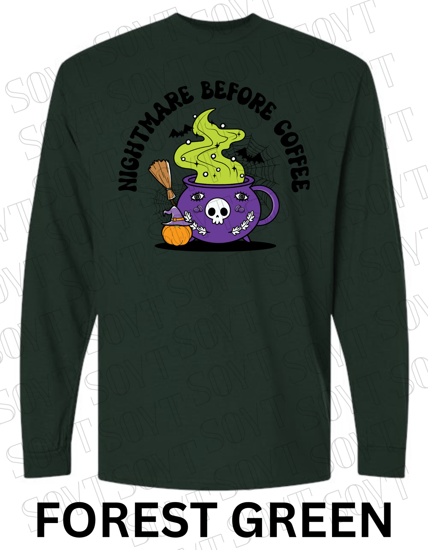 Nightmare Before Coffee Long Sleeve – Witchy Cauldron Mug with Green Steam, Skull, and Halloween Bats Shirt - Festive Apparel StoreForest Green