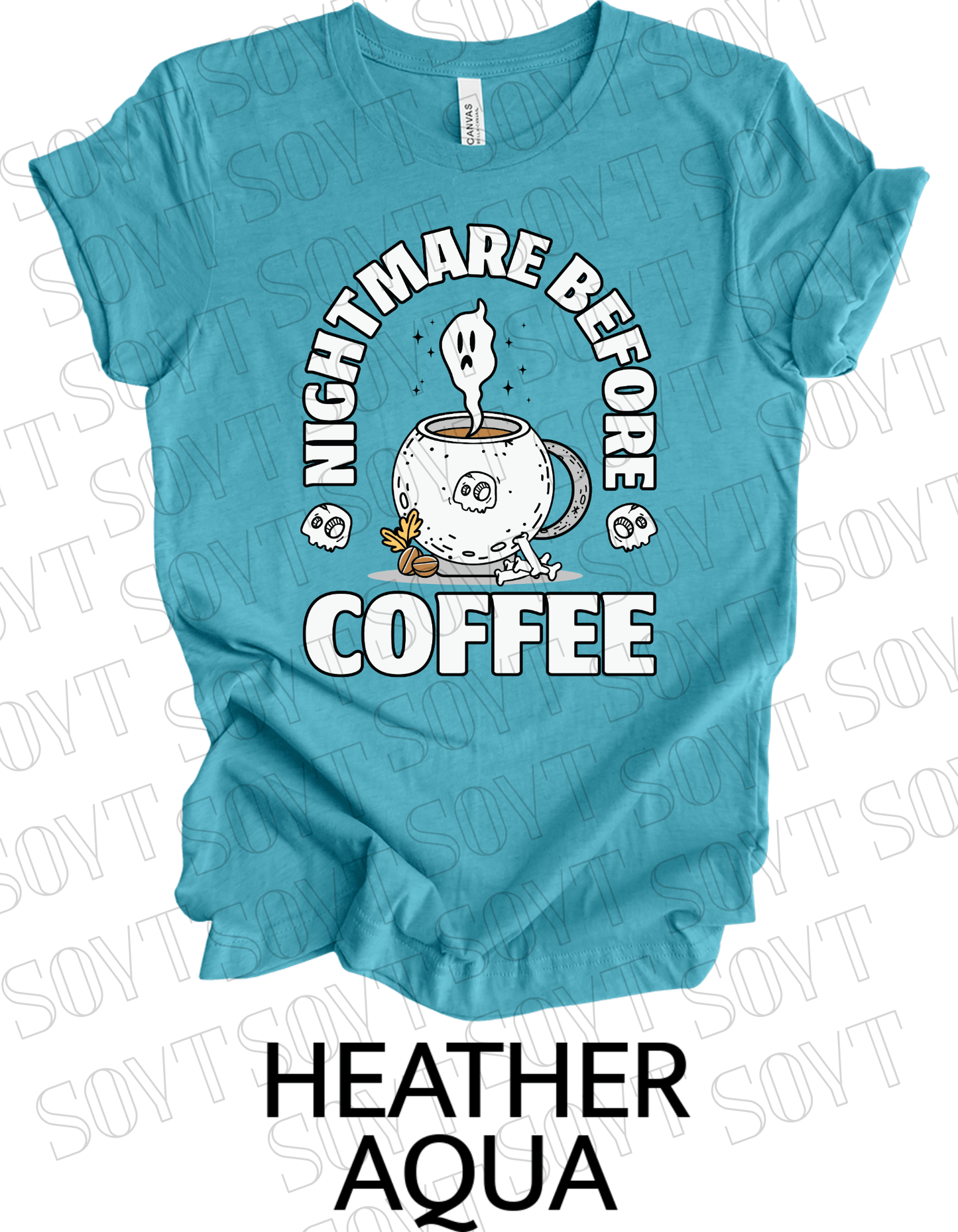 Nightmare Before Coffee T-Shirt – Ghost in Cauldron Mug with Skulls & Bones Halloween Caffeine Graphic Tee - Festive Apparel StoreHeather Aqua