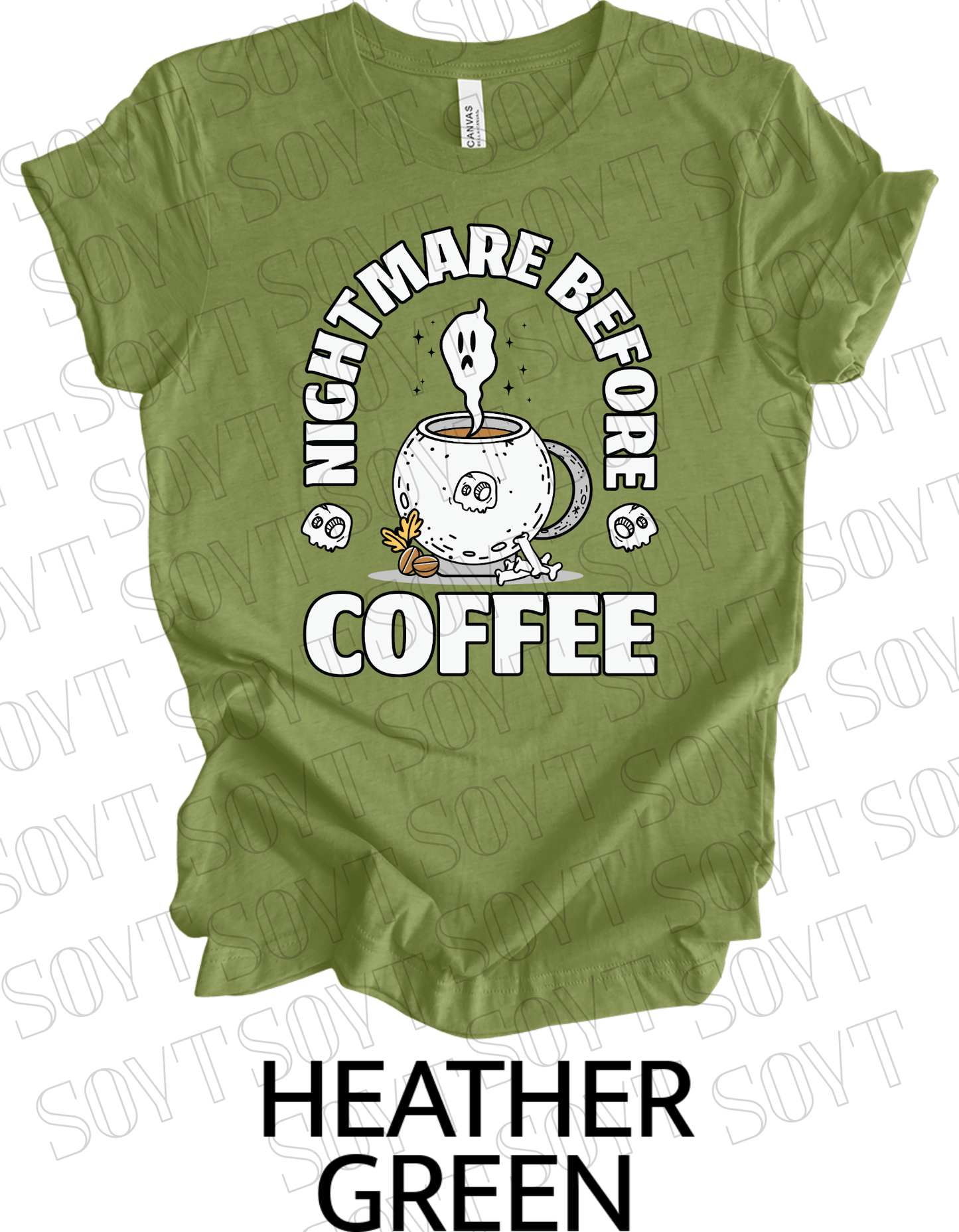 Nightmare Before Coffee T-Shirt – Ghost in Cauldron Mug with Skulls & Bones Halloween Caffeine Graphic Tee - Festive Apparel StoreHeather Green