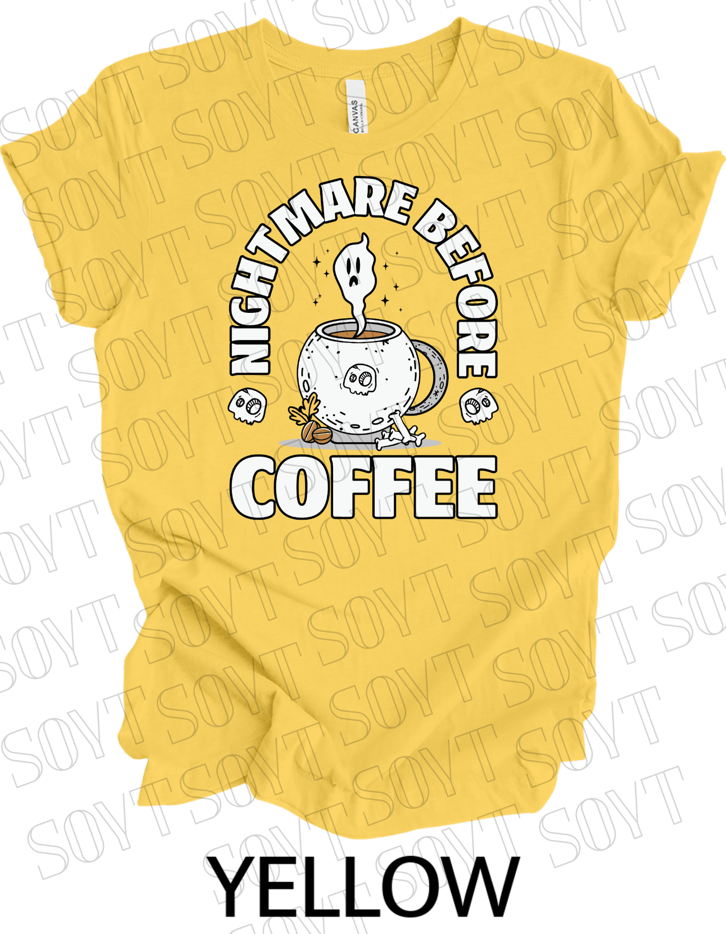 Nightmare Before Coffee T-Shirt – Ghost in Cauldron Mug with Skulls & Bones Halloween Caffeine Graphic Tee - Festive Apparel StoreYellow