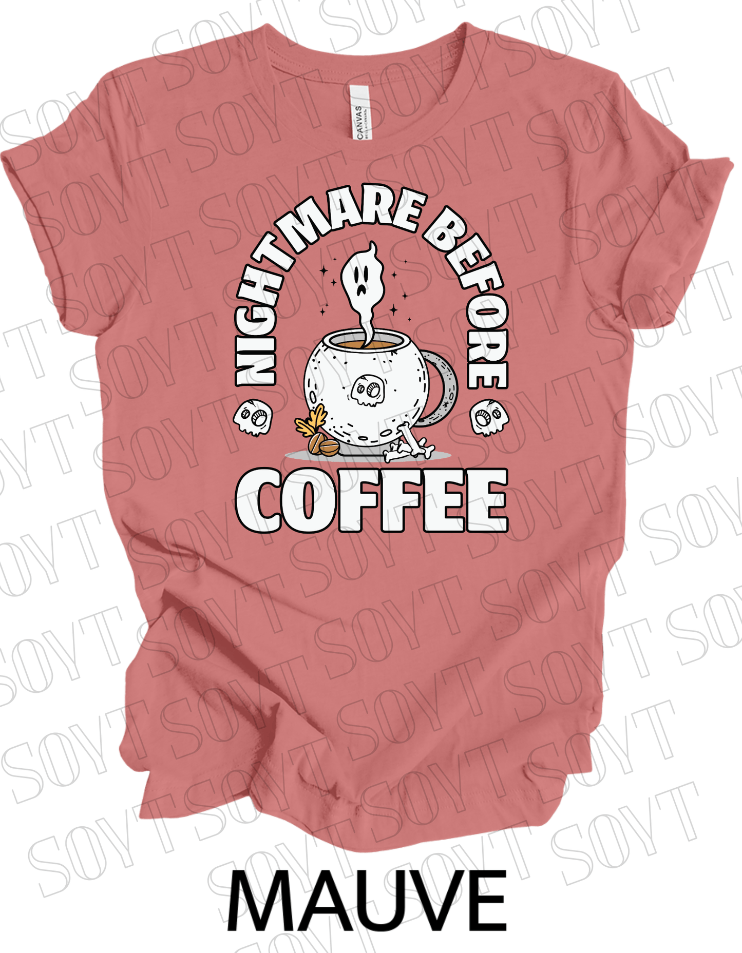 Nightmare Before Coffee T-Shirt – Ghost in Cauldron Mug with Skulls & Bones Halloween Caffeine Graphic Tee - Festive Apparel StoreMauve