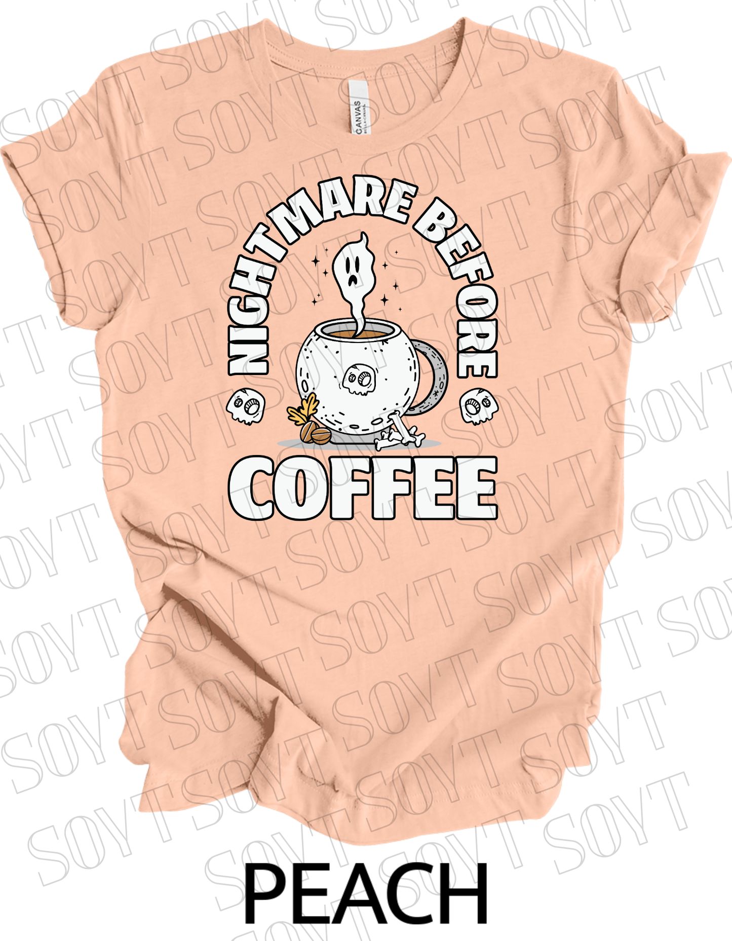 Nightmare Before Coffee T-Shirt – Ghost in Cauldron Mug with Skulls & Bones Halloween Caffeine Graphic Tee - Festive Apparel StorePeach