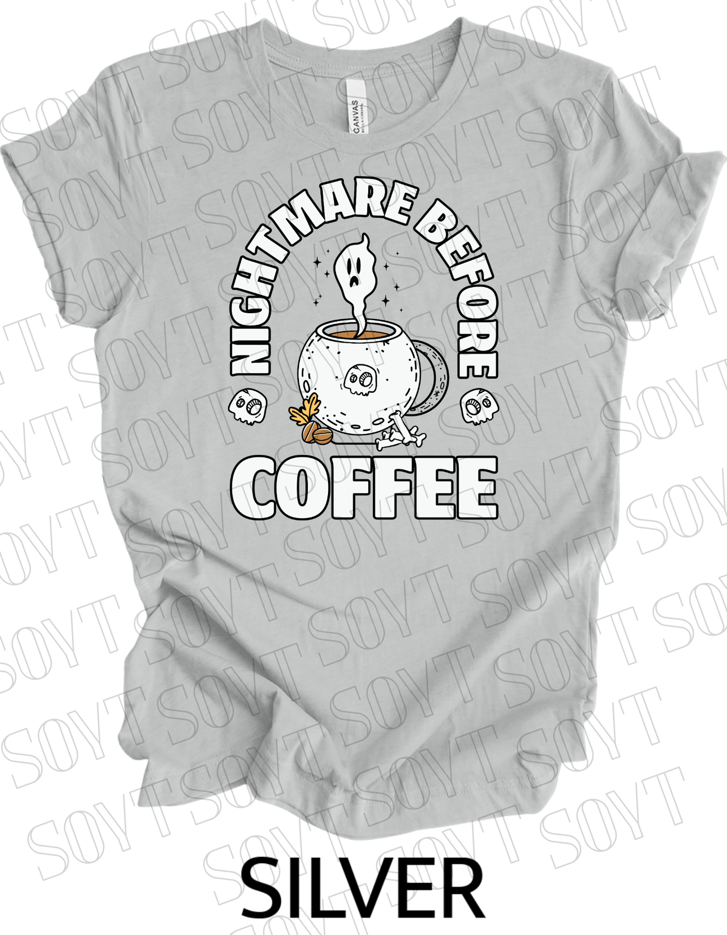 Nightmare Before Coffee T-Shirt – Ghost in Cauldron Mug with Skulls & Bones Halloween Caffeine Graphic Tee - Festive Apparel StoreSilver