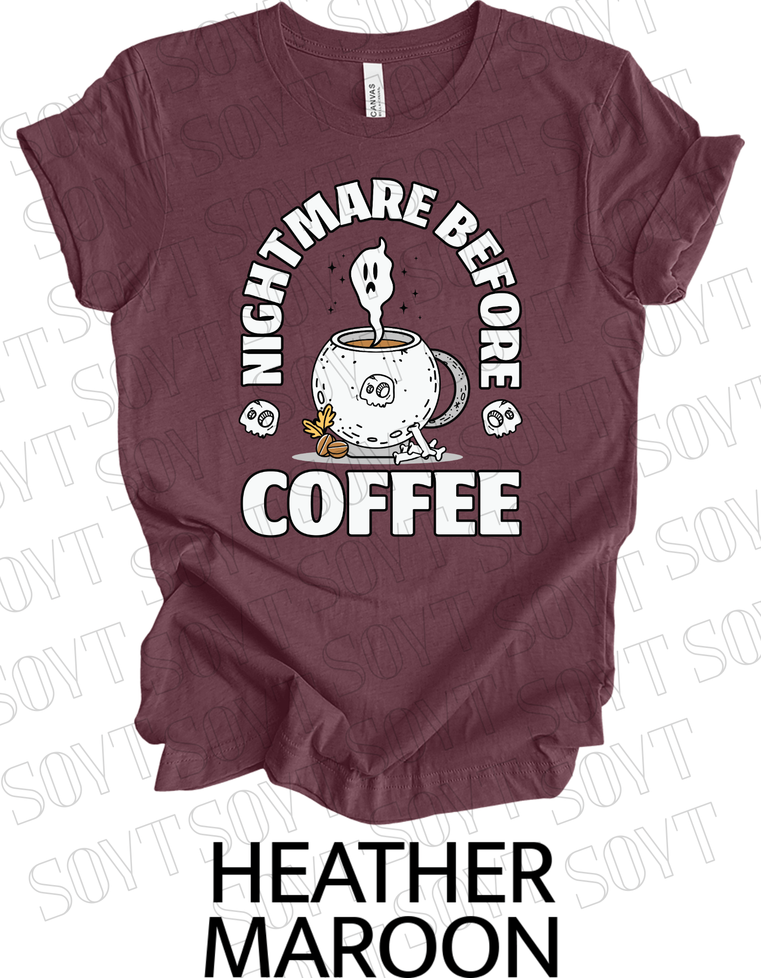 Nightmare Before Coffee T-Shirt – Ghost in Cauldron Mug with Skulls & Bones Halloween Caffeine Graphic Tee - Festive Apparel StoreHeather Maroon