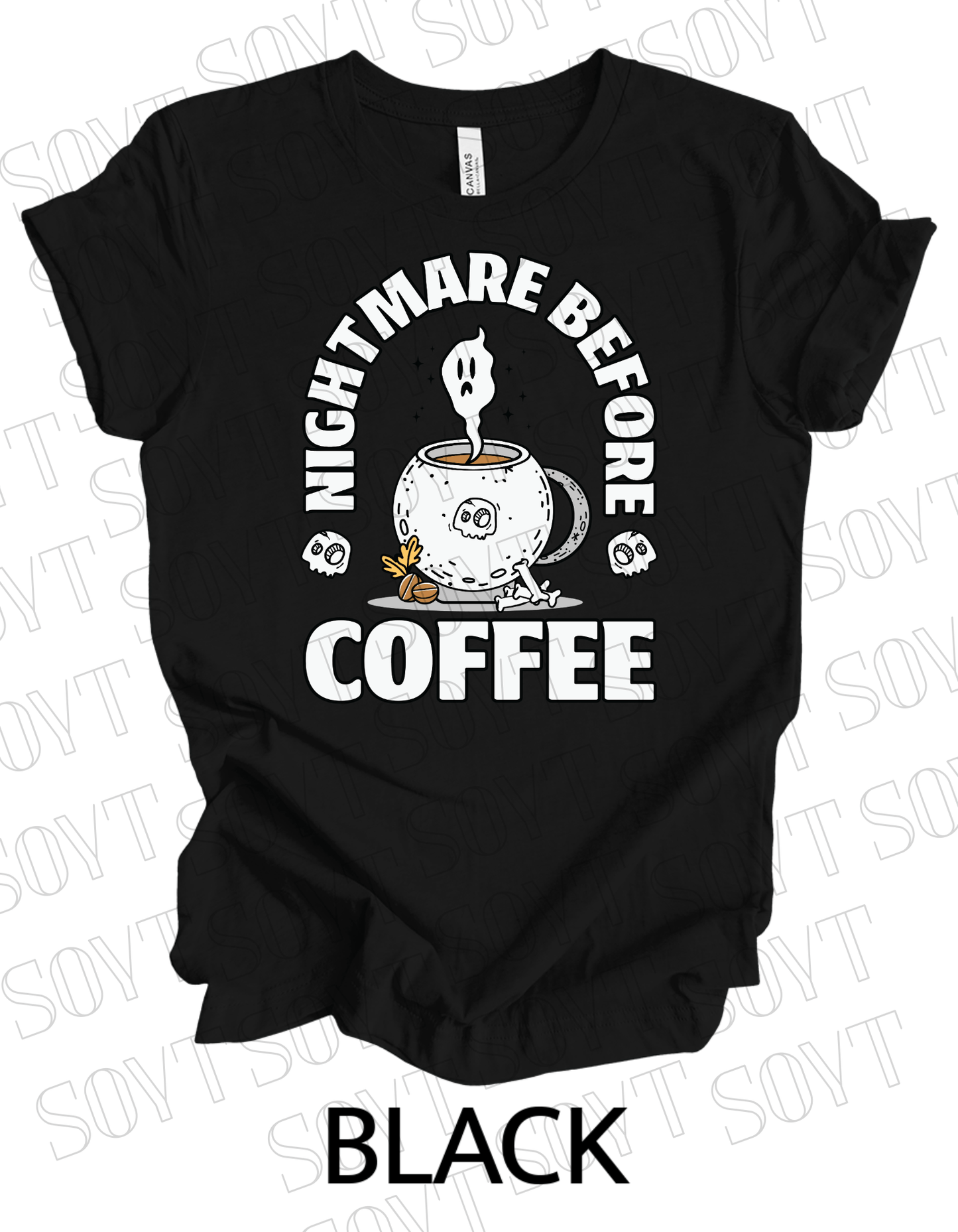 Nightmare Before Coffee T-Shirt – Ghost in Cauldron Mug with Skulls & Bones Halloween Caffeine Graphic Tee - Festive Apparel StoreBlack