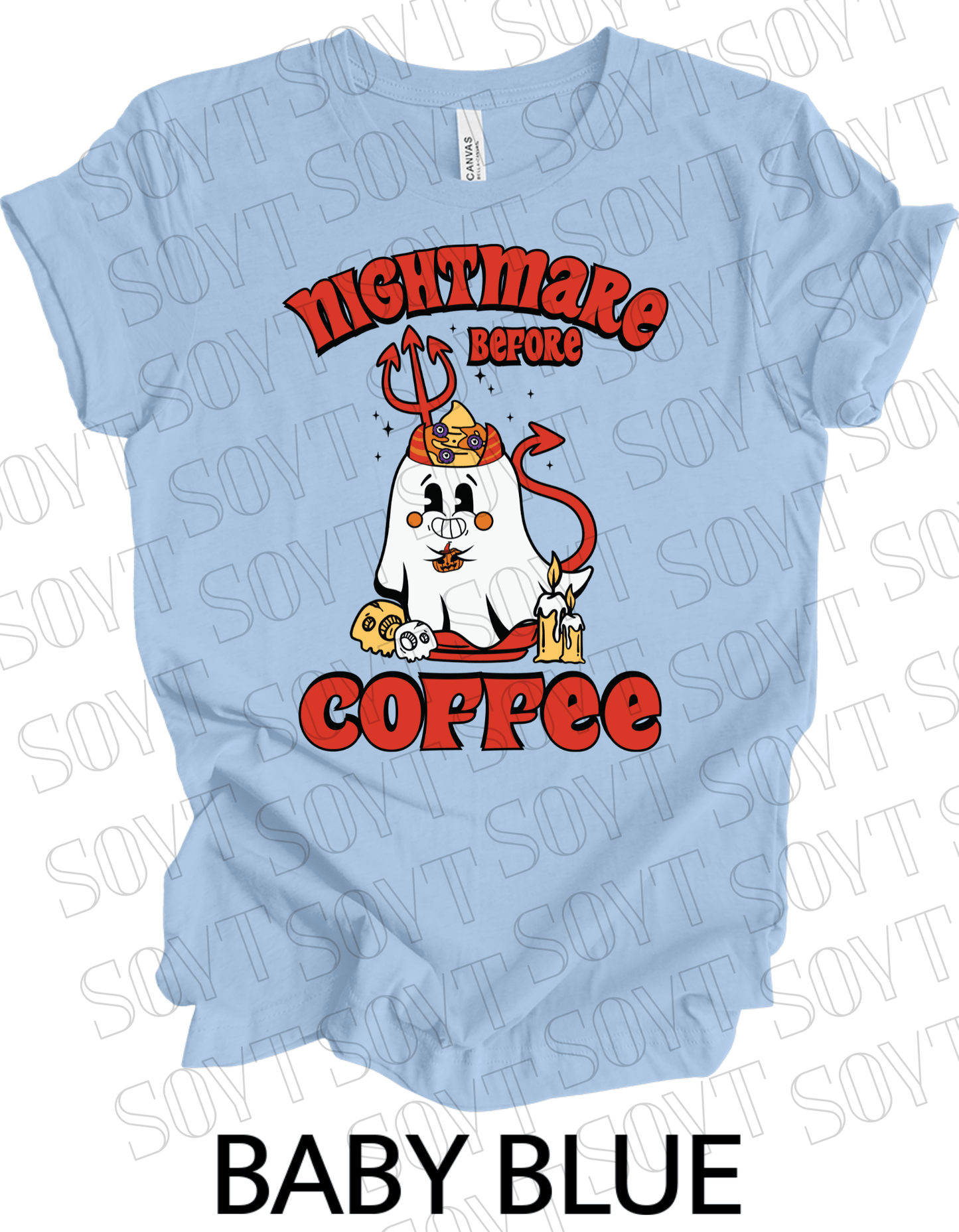 Nightmare Before Coffee T-Shirt – Halloween Devil Ghost with Candles, Skulls & Bold Retro Coffee Graphic Tee - Festive Apparel StoreBaby Blue