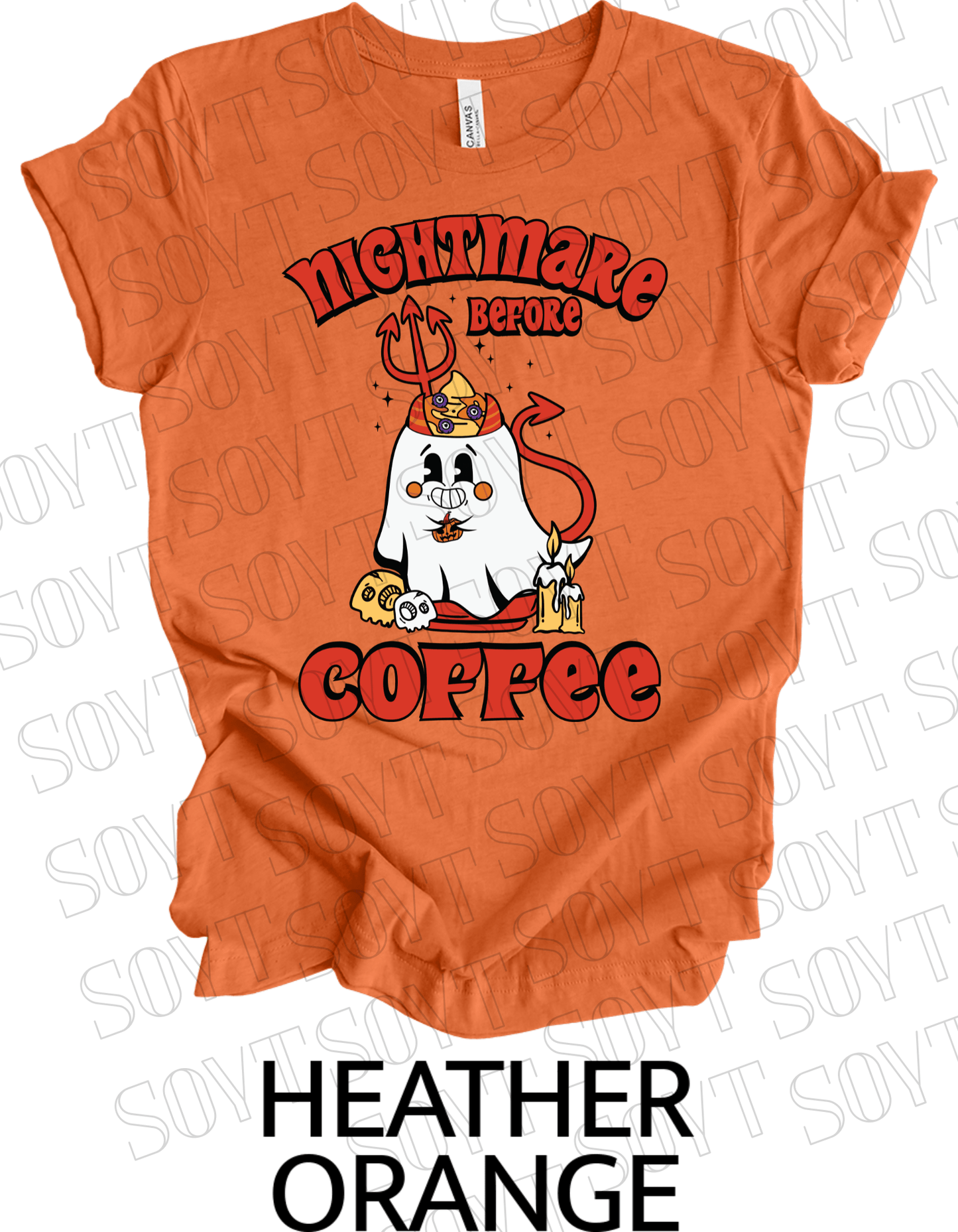 Nightmare Before Coffee T-Shirt – Halloween Devil Ghost with Candles, Skulls & Bold Retro Coffee Graphic Tee - Festive Apparel StoreHeather Orange