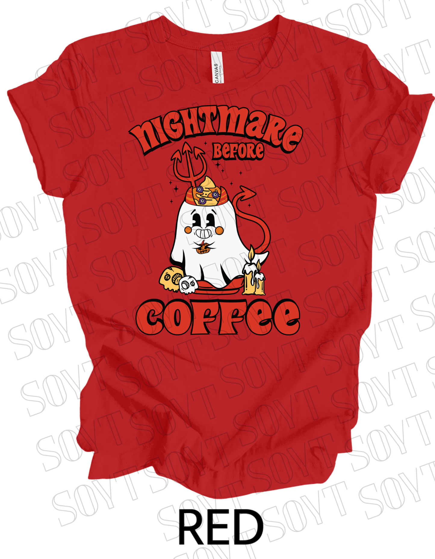 Nightmare Before Coffee T-Shirt – Halloween Devil Ghost with Candles, Skulls & Bold Retro Coffee Graphic Tee - Festive Apparel StoreRed