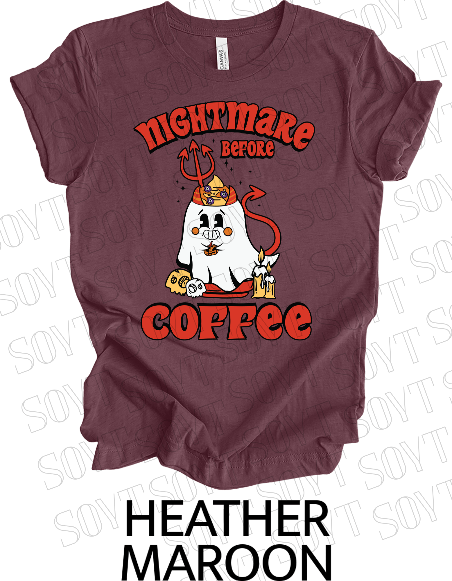Nightmare Before Coffee T-Shirt – Halloween Devil Ghost with Candles, Skulls & Bold Retro Coffee Graphic Tee - Festive Apparel StoreHeather Maroon