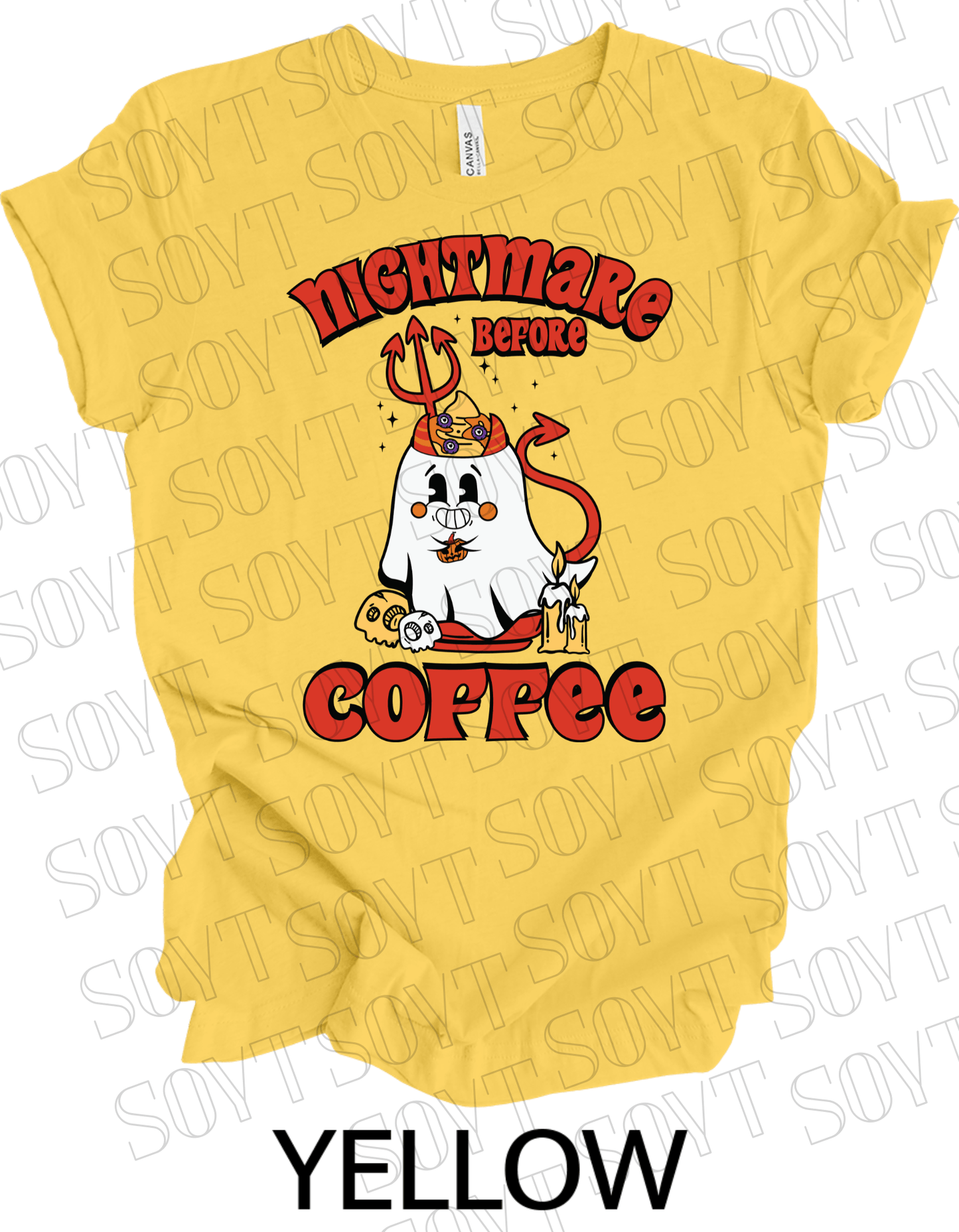 Nightmare Before Coffee T-Shirt – Halloween Devil Ghost with Candles, Skulls & Bold Retro Coffee Graphic Tee - Festive Apparel StoreYellow