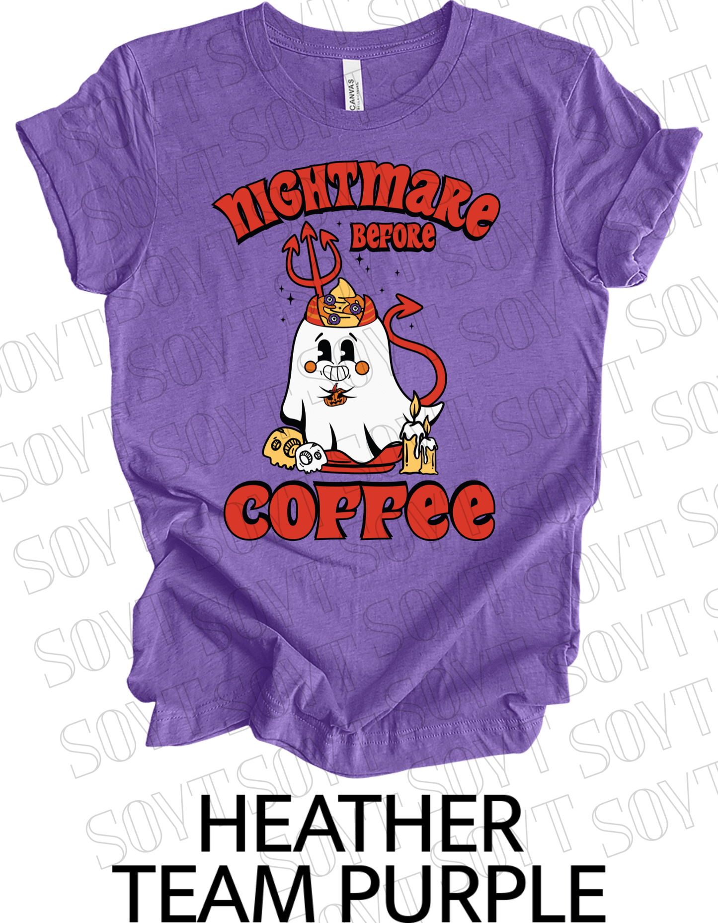 Nightmare Before Coffee T-Shirt – Halloween Devil Ghost with Candles, Skulls & Bold Retro Coffee Graphic Tee - Festive Apparel StoreHeather Purple