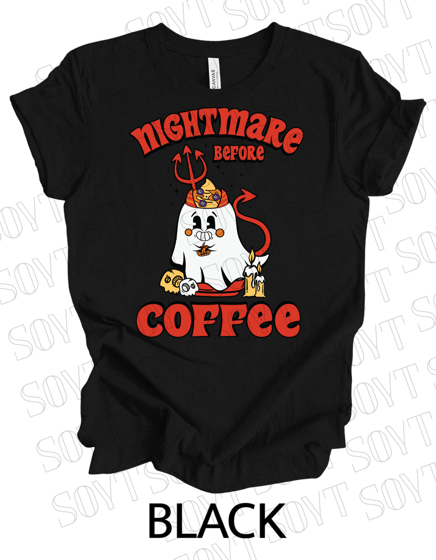 Nightmare Before Coffee T-Shirt – Halloween Devil Ghost with Candles, Skulls & Bold Retro Coffee Graphic Tee - Festive Apparel StoreBlack