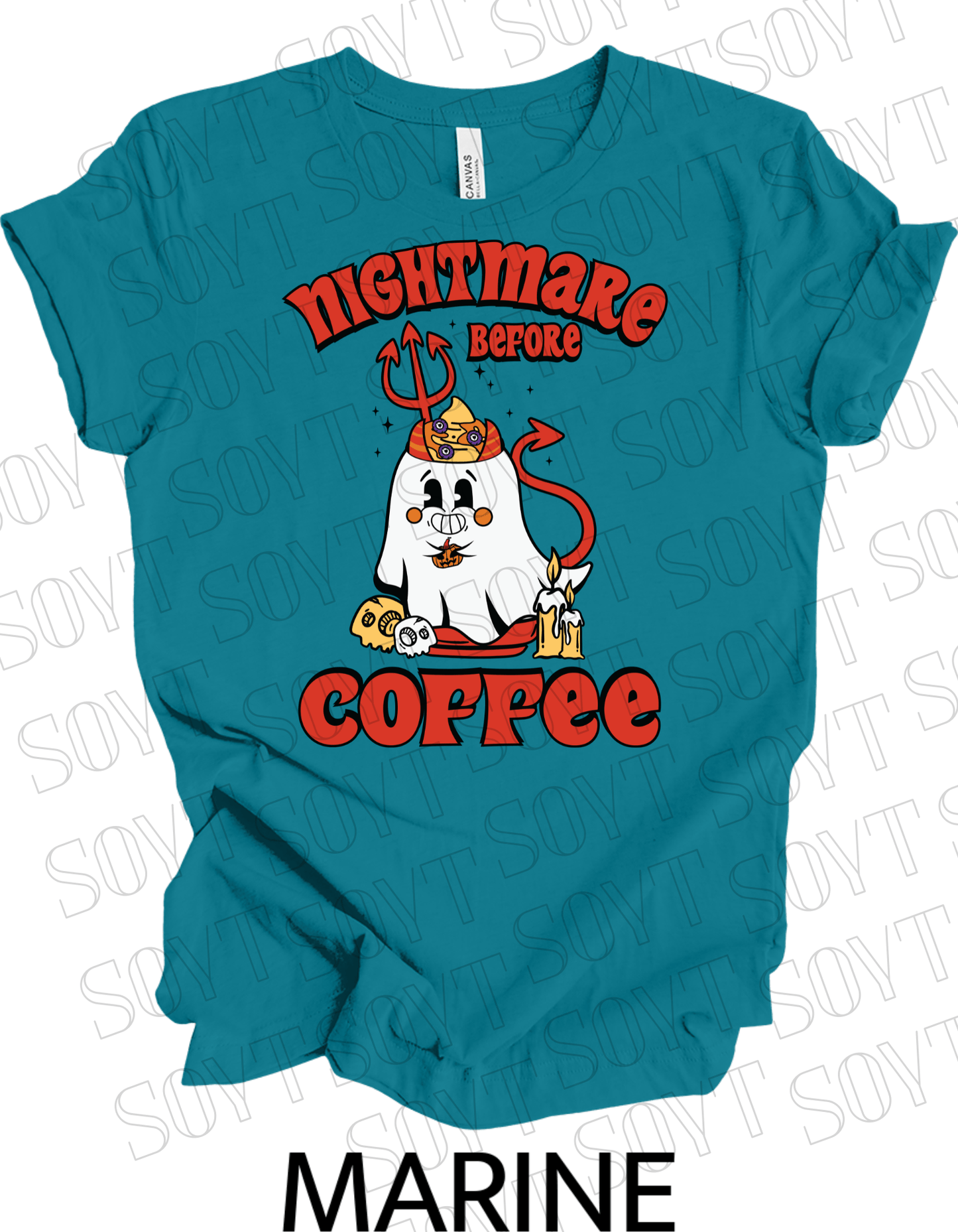 Nightmare Before Coffee T-Shirt – Halloween Devil Ghost with Candles, Skulls & Bold Retro Coffee Graphic Tee - Festive Apparel StoreMarine