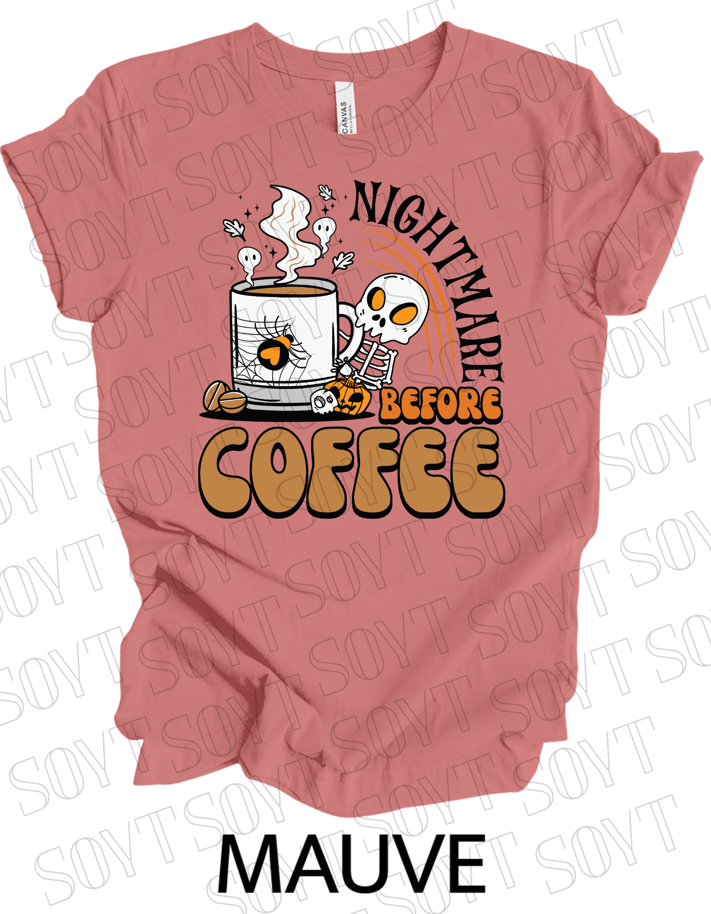 Nightmare Before Coffee T-Shirt – Skeleton & Spiderweb Mug Halloween Caffeine Graphic Tee - Festive Apparel StoreMauve