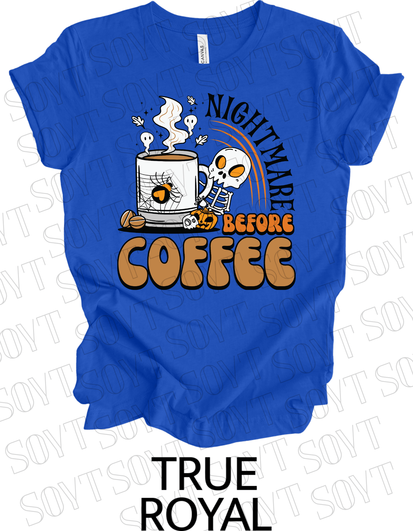 Nightmare Before Coffee T-Shirt – Skeleton & Spiderweb Mug Halloween Caffeine Graphic Tee - Festive Apparel StoreRoyal Blue