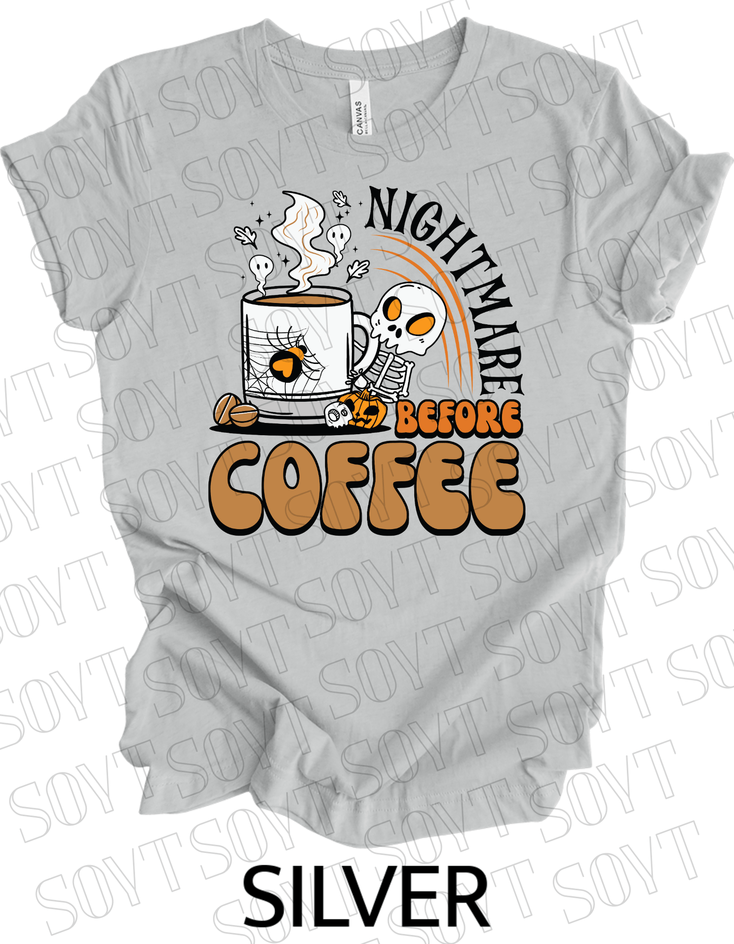 Nightmare Before Coffee T-Shirt – Skeleton & Spiderweb Mug Halloween Caffeine Graphic Tee - Festive Apparel StoreSilver