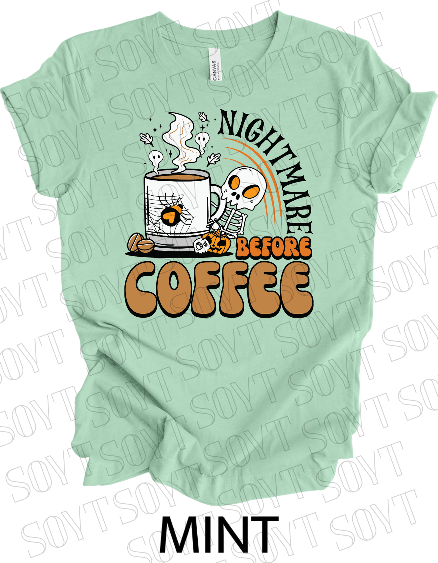 Nightmare Before Coffee T-Shirt – Skeleton & Spiderweb Mug Halloween Caffeine Graphic Tee - Festive Apparel StoreMint