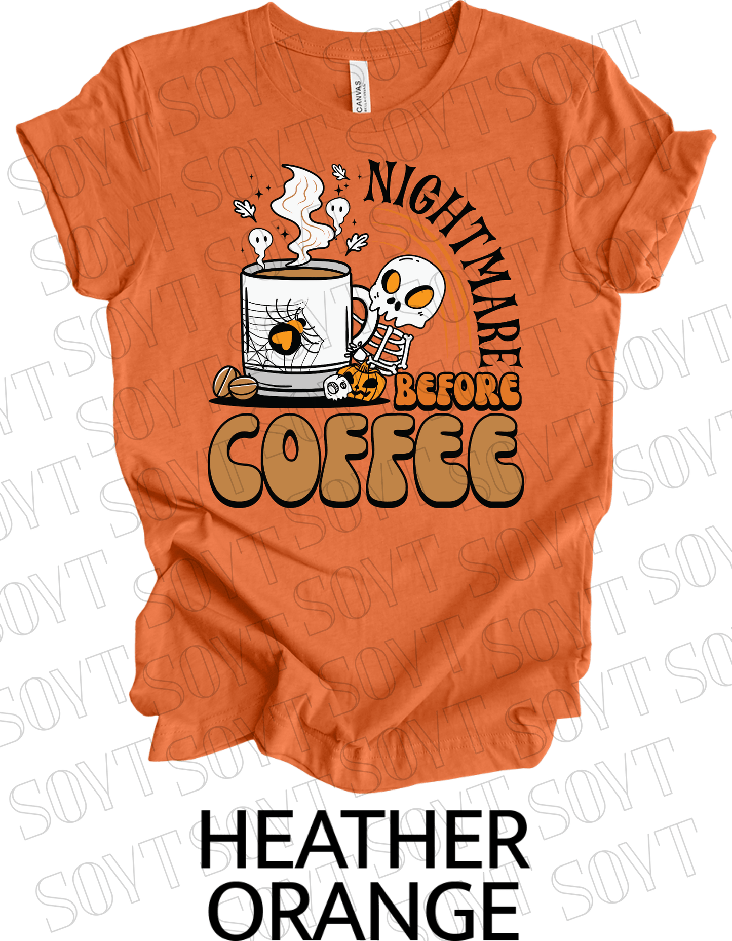 Nightmare Before Coffee T-Shirt – Skeleton & Spiderweb Mug Halloween Caffeine Graphic Tee - Festive Apparel StoreHeather Orange