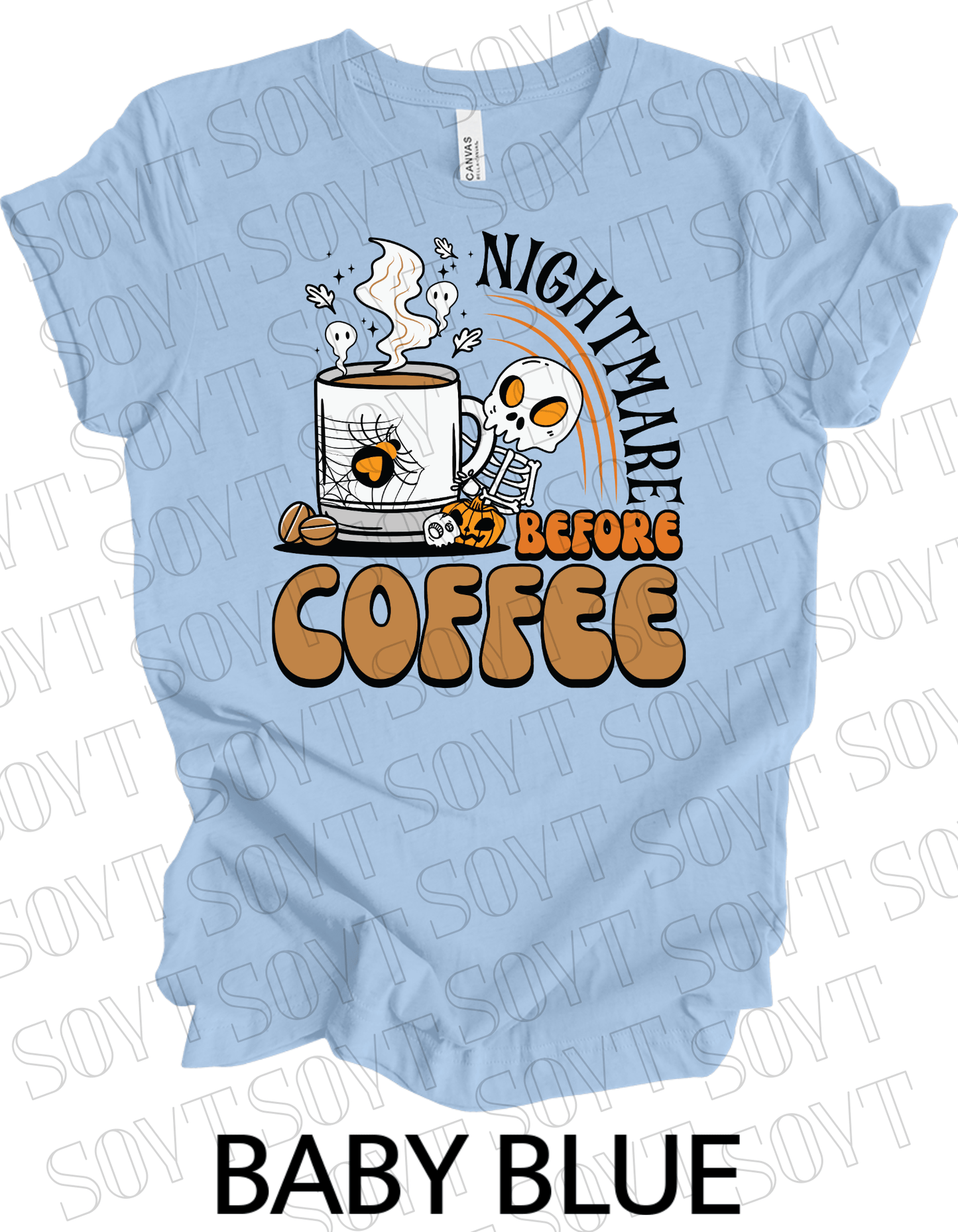 Nightmare Before Coffee T-Shirt – Skeleton & Spiderweb Mug Halloween Caffeine Graphic Tee - Festive Apparel StoreBaby Blue
