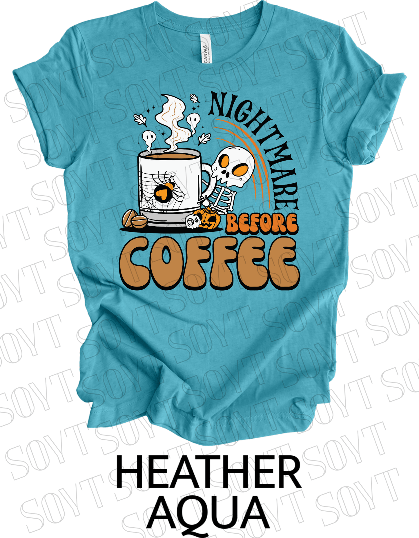 Nightmare Before Coffee T-Shirt – Skeleton & Spiderweb Mug Halloween Caffeine Graphic Tee - Festive Apparel StoreHeather Aqua