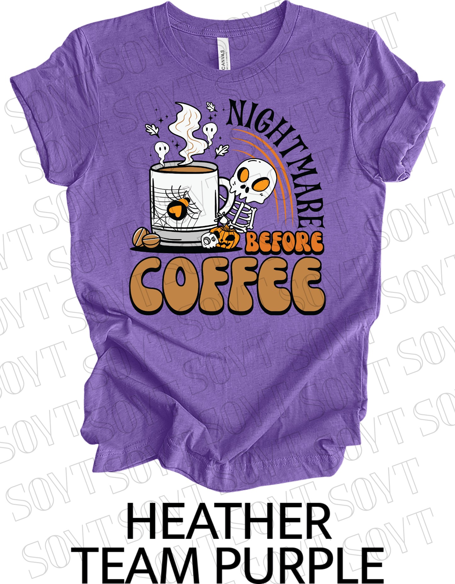 Nightmare Before Coffee T-Shirt – Skeleton & Spiderweb Mug Halloween Caffeine Graphic Tee - Festive Apparel StoreHeather Purple