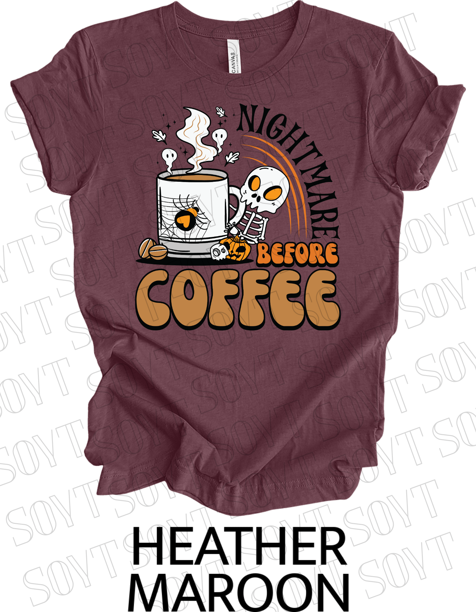 Nightmare Before Coffee T-Shirt – Skeleton & Spiderweb Mug Halloween Caffeine Graphic Tee - Festive Apparel StoreHeather Maroon