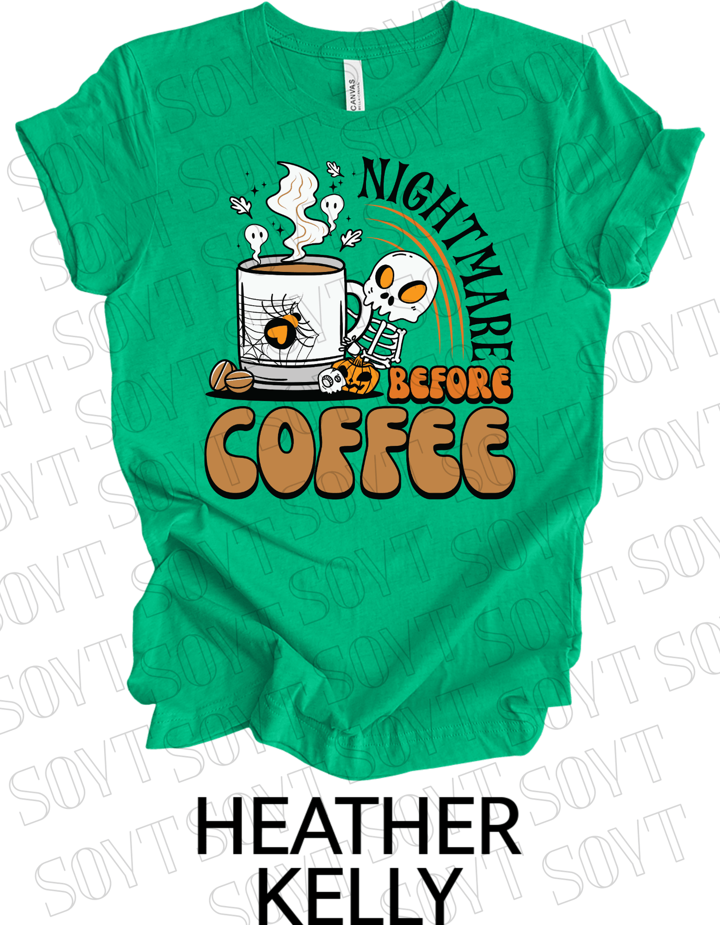 Nightmare Before Coffee T-Shirt – Skeleton & Spiderweb Mug Halloween Caffeine Graphic Tee - Festive Apparel StoreHeather Kelly Green