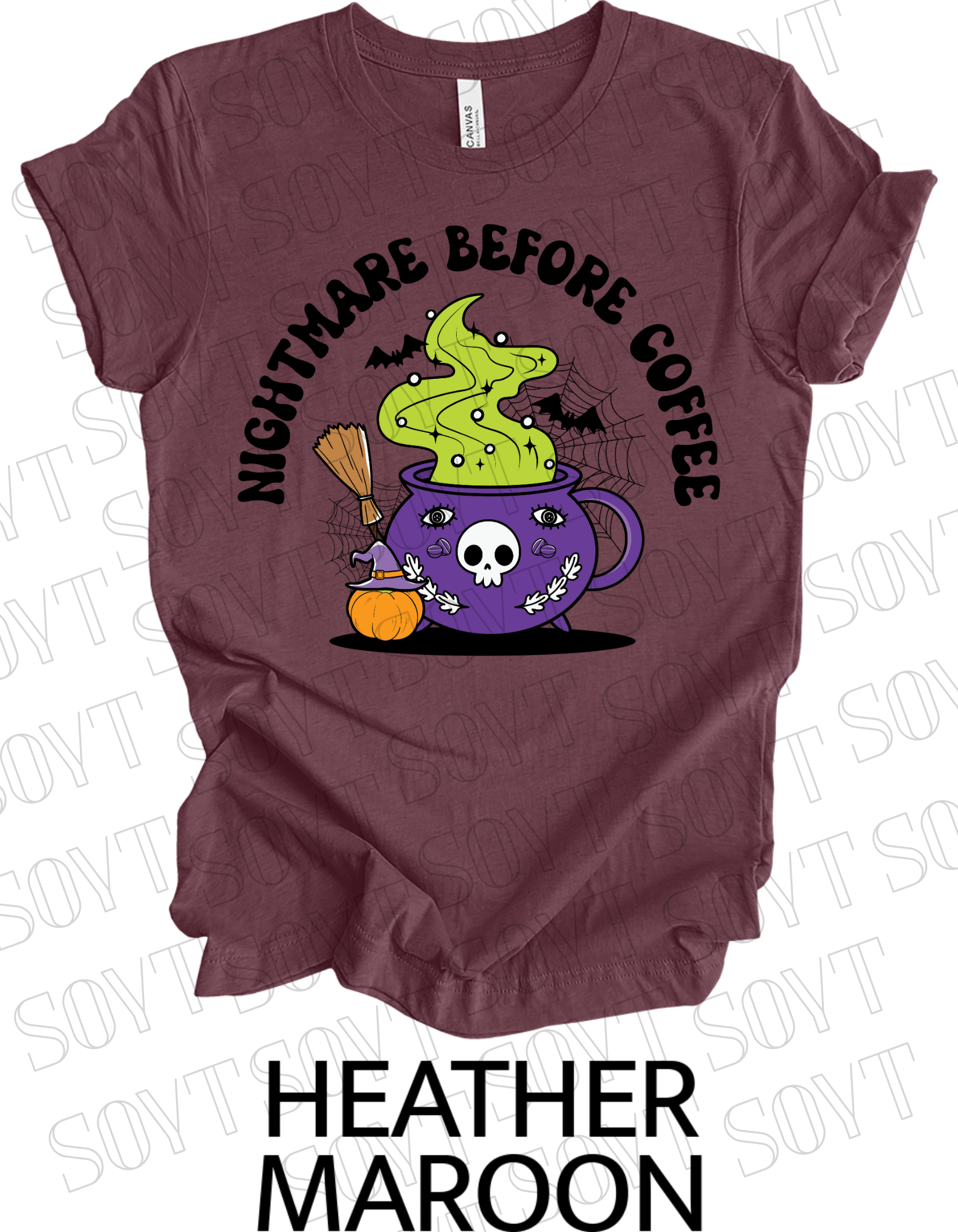 Nightmare Before Coffee T-Shirt – Witch Cauldron Mug with Green Brew, Skull Face & Halloween Magic Graphic Tee - Festive Apparel StoreHeather Maroon