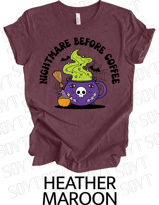 Nightmare Before Coffee T-Shirt – Witch Cauldron Mug with Green Brew, Skull Face & Halloween Magic Graphic Tee - Festive Apparel StoreHeather Maroon