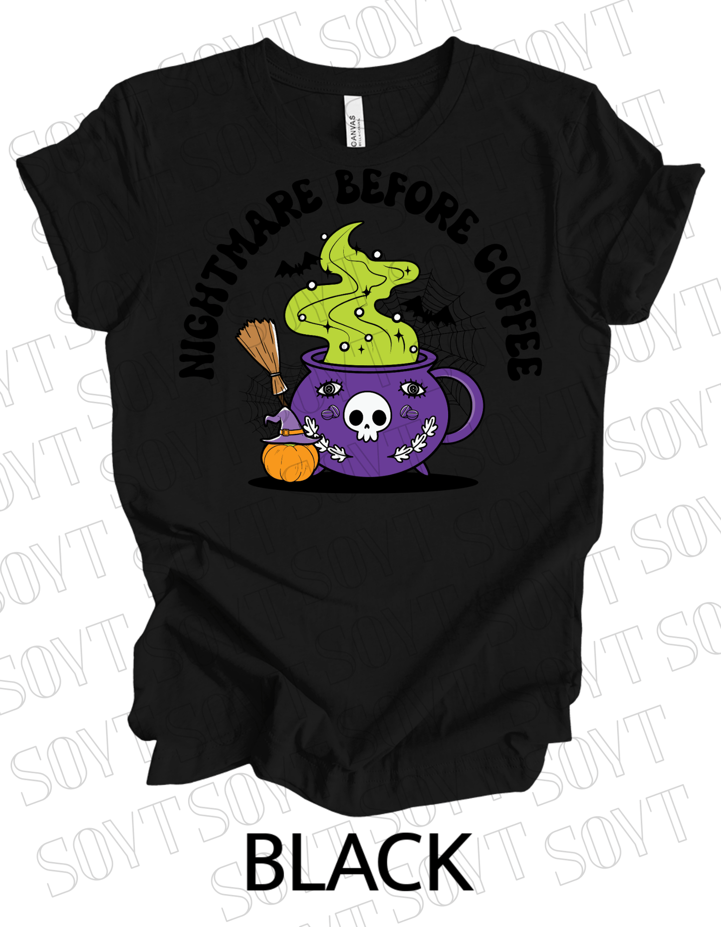 Nightmare Before Coffee T-Shirt – Witch Cauldron Mug with Green Brew, Skull Face & Halloween Magic Graphic Tee - Festive Apparel StoreBlack