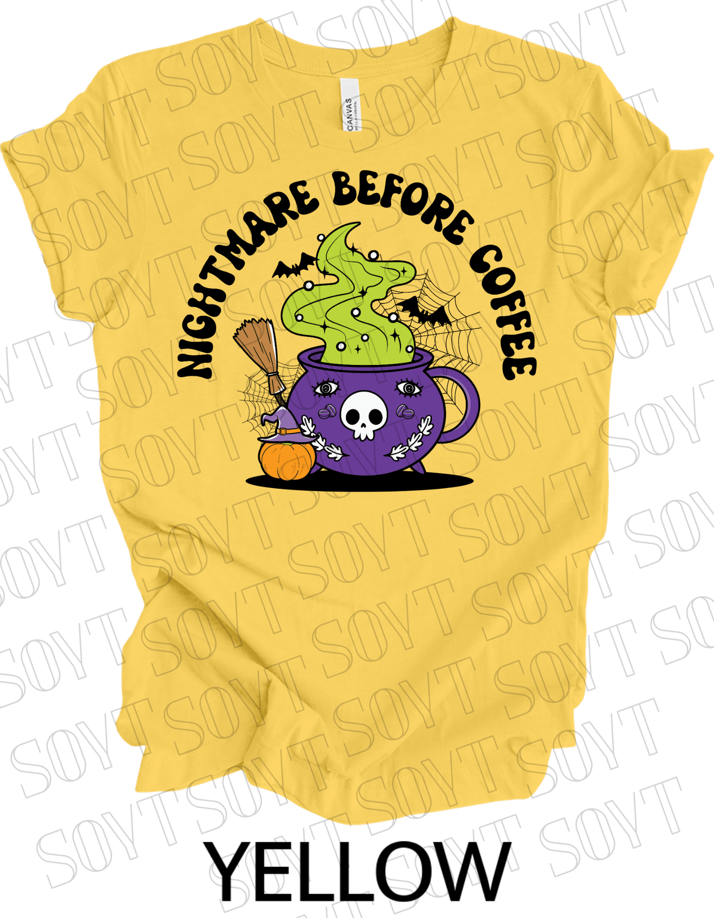 Nightmare Before Coffee T-Shirt – Witch Cauldron Mug with Green Brew, Skull Face & Halloween Magic Graphic Tee - Festive Apparel StoreYellow