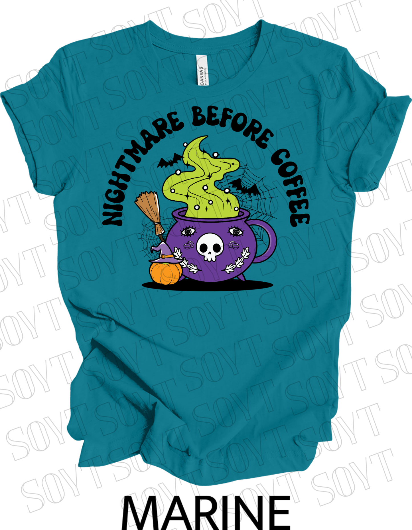 Nightmare Before Coffee T-Shirt – Witch Cauldron Mug with Green Brew, Skull Face & Halloween Magic Graphic Tee - Festive Apparel StoreMarine