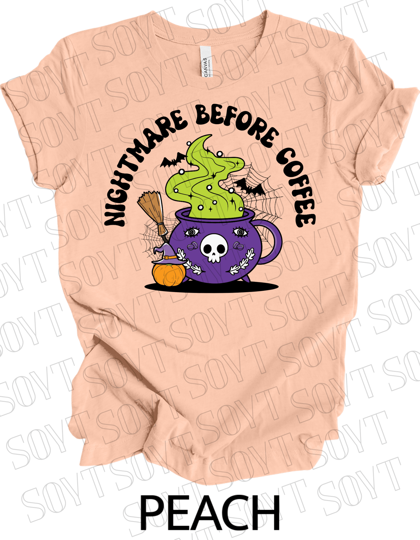 Nightmare Before Coffee T-Shirt – Witch Cauldron Mug with Green Brew, Skull Face & Halloween Magic Graphic Tee - Festive Apparel StorePeach