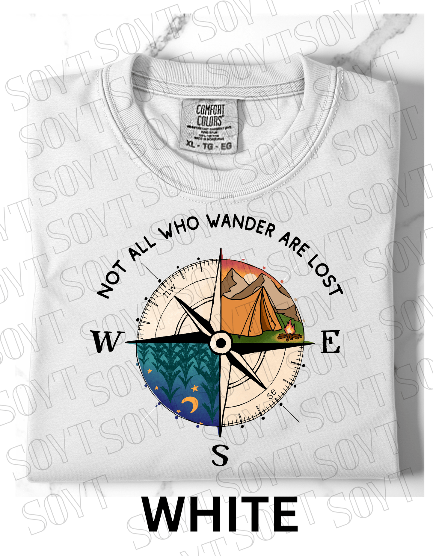 Not All Who Wander Are Lost T-Shirt – Compass Tent Fire & Night Forest Graphic Tee - Festive Apparel StoreWhite