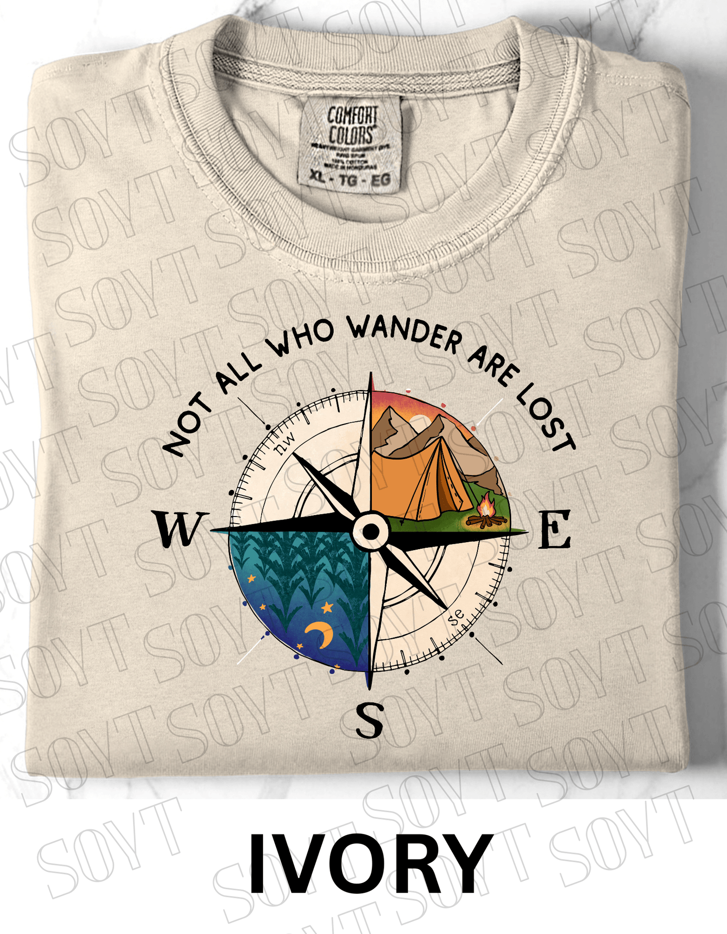 Not All Who Wander Are Lost T-Shirt – Compass Tent Fire & Night Forest Graphic Tee - Festive Apparel StoreIvory