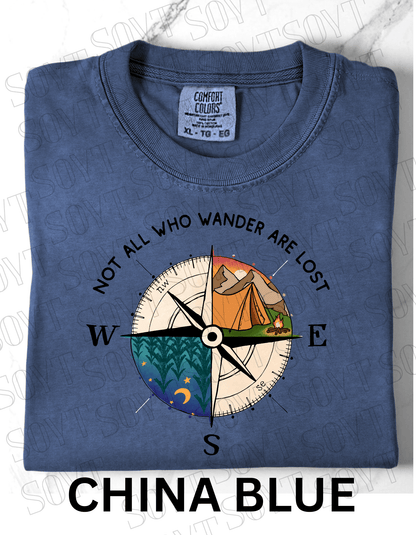 Not All Who Wander Are Lost T-Shirt – Compass Tent Fire & Night Forest Graphic Tee - Festive Apparel StoreChina Blue