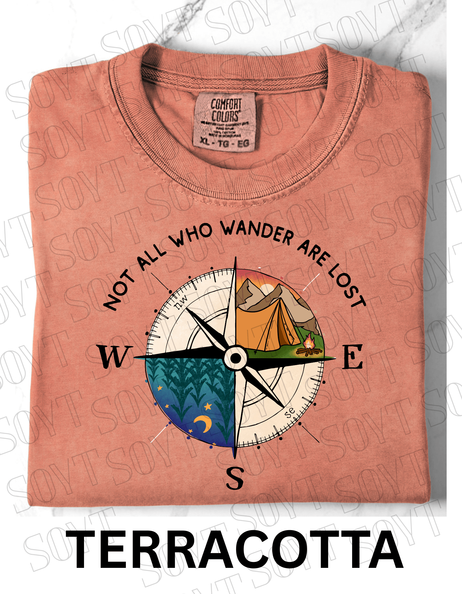 Not All Who Wander Are Lost T-Shirt – Compass Tent Fire & Night Forest Graphic Tee - Festive Apparel StoreTerracotta