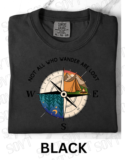 Not All Who Wander Are Lost T-Shirt – Compass Tent Fire & Night Forest Graphic Tee - Festive Apparel StoreBlack