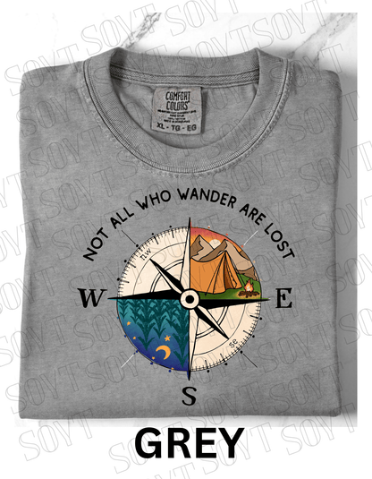 Not All Who Wander Are Lost T-Shirt – Compass Tent Fire & Night Forest Graphic Tee - Festive Apparel StoreGrey