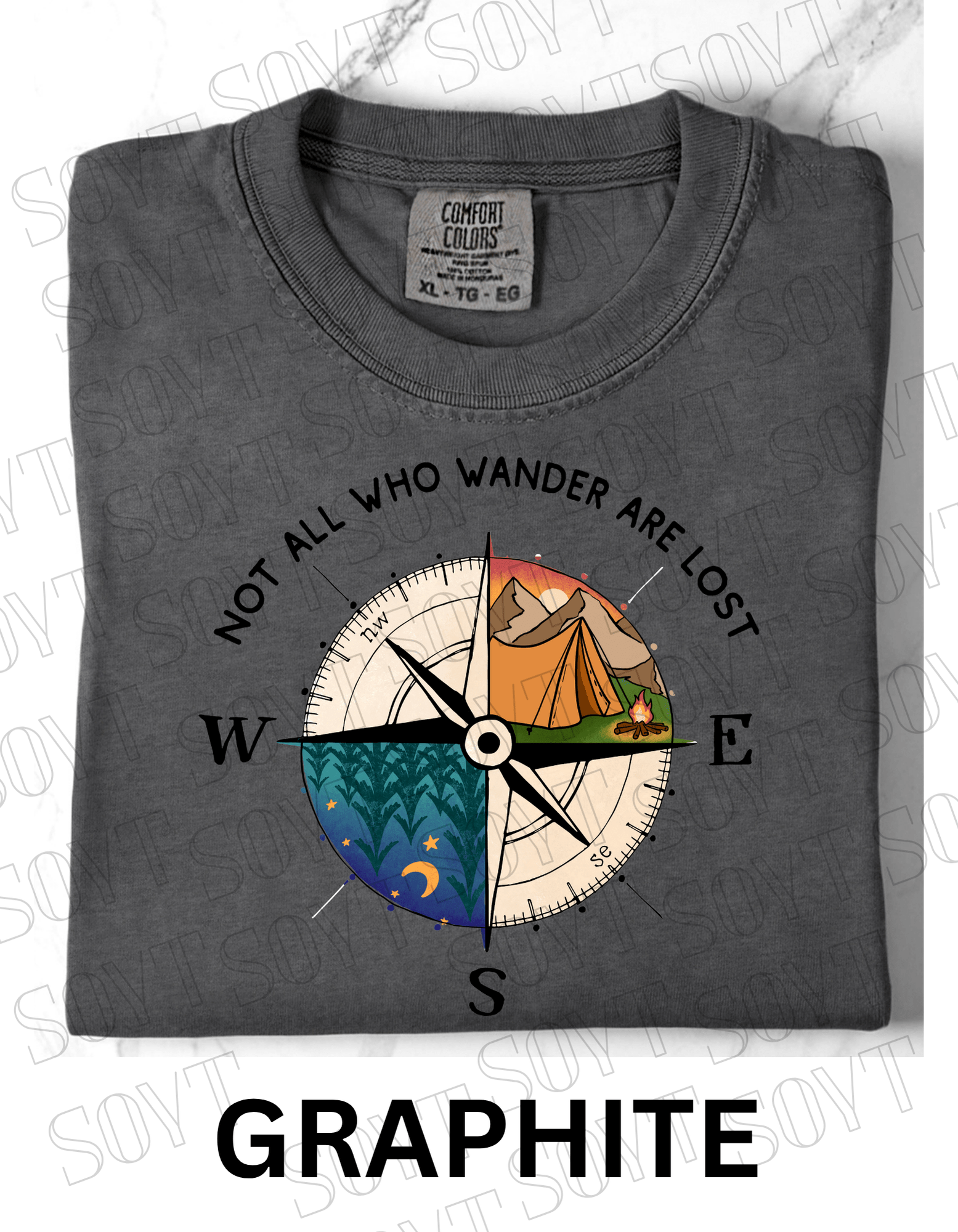 Not All Who Wander Are Lost T-Shirt – Compass Tent Fire & Night Forest Graphic Tee - Festive Apparel StoreGraphite